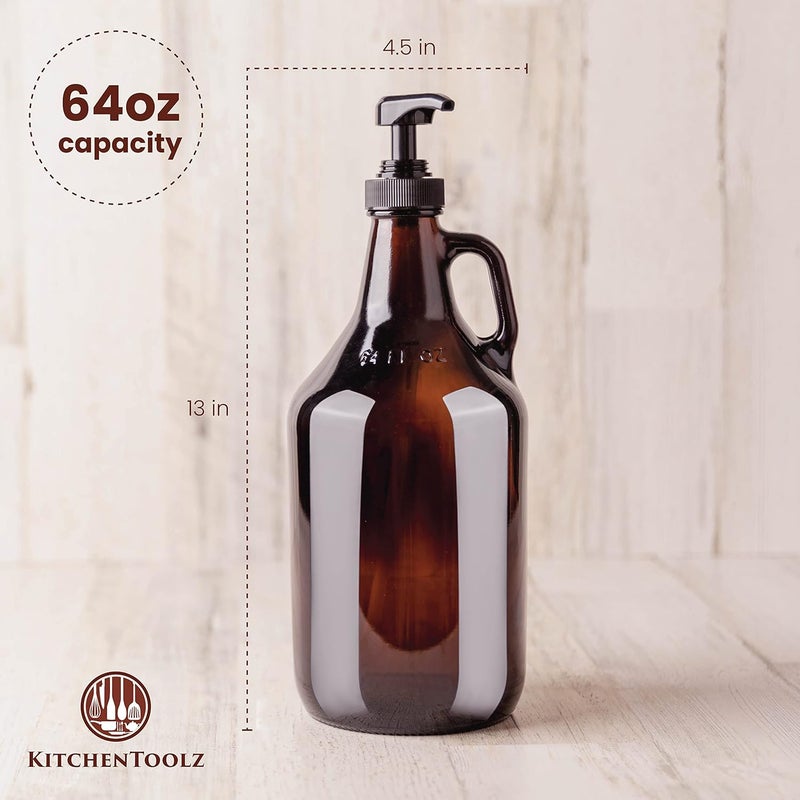 kitchentoolz Half Gallon Glass Pump Dispenser Bottle, Large Jug with Pump for Laundry Soap Dispenser, Liquid Detergent, Fabric Softener, Syrup Pump - 64 oz Capacity - Amber Bottle- Pack of 2, by - Image 1